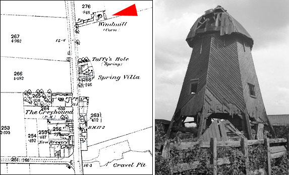 Eye Green Smock Mill. 1887 map and photo taken on 19th August 1934 while derelict.