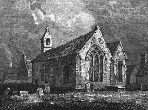 Engraving taken from a painting of the original church