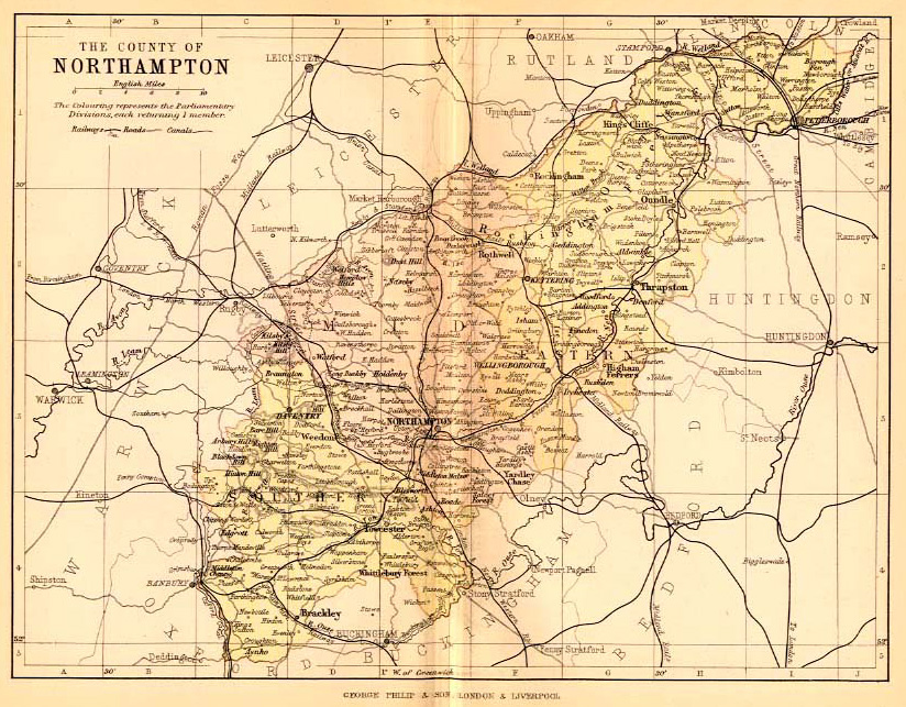 A map from 1892 - Eye is right up on the furthest north easterly boundary of Northamptonshire