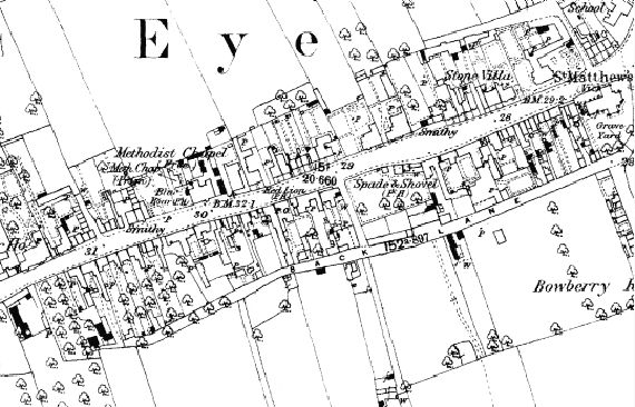 Map of Eye from the late 1890's show a number of Black Smiths along the high street