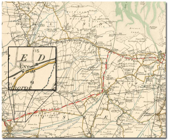 The red line on this map from 1903 shows the M&GN line from Peterborough to Sutton Bridge and onward to Lynn