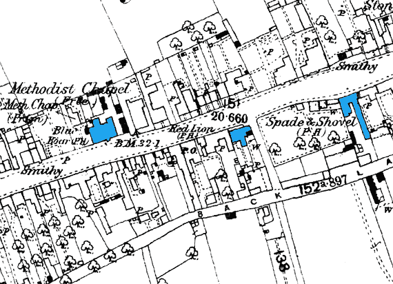 1887 map showing the the centre of Eye and three of the pubs.