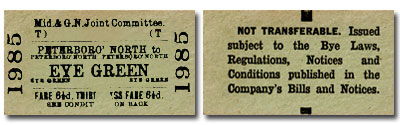 A train ticket from Peterborough North Station to Eye, front and back.
